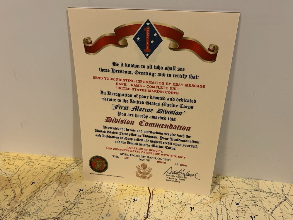 U.S.M.C. / FIRST MARINE DIVISION ~ DIVISION COMMENDATION REPLACEMENT CERTIFICATE