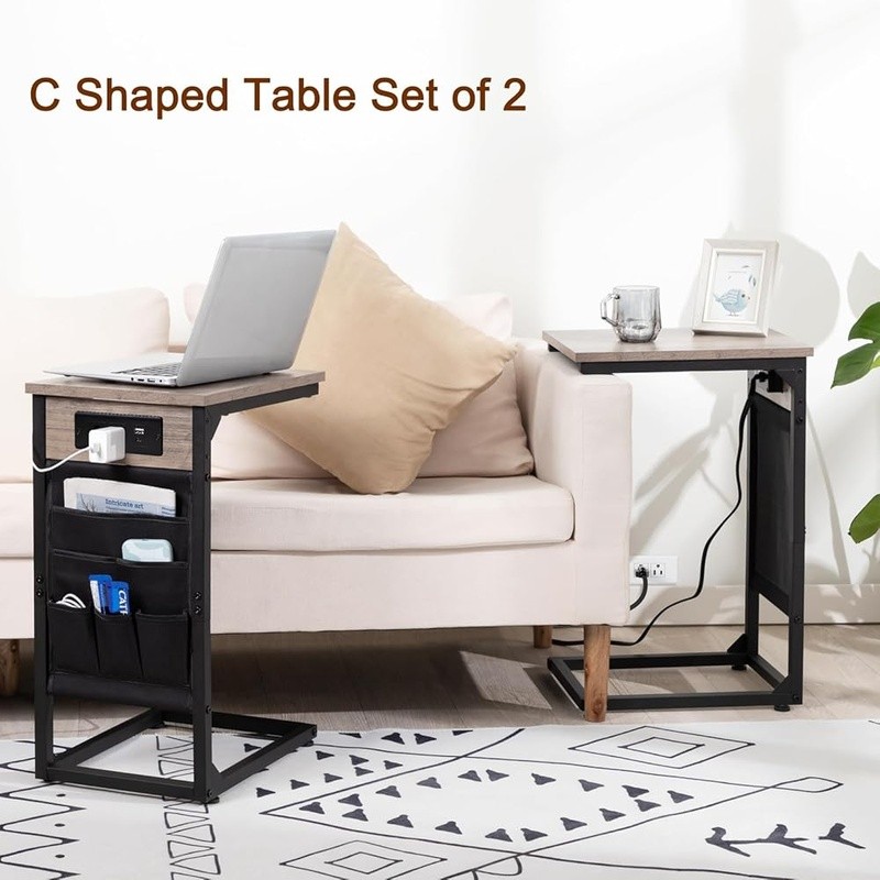 C Side Tables W/ USB Ports & Outlets Sofa Organizer Storage C Table Set