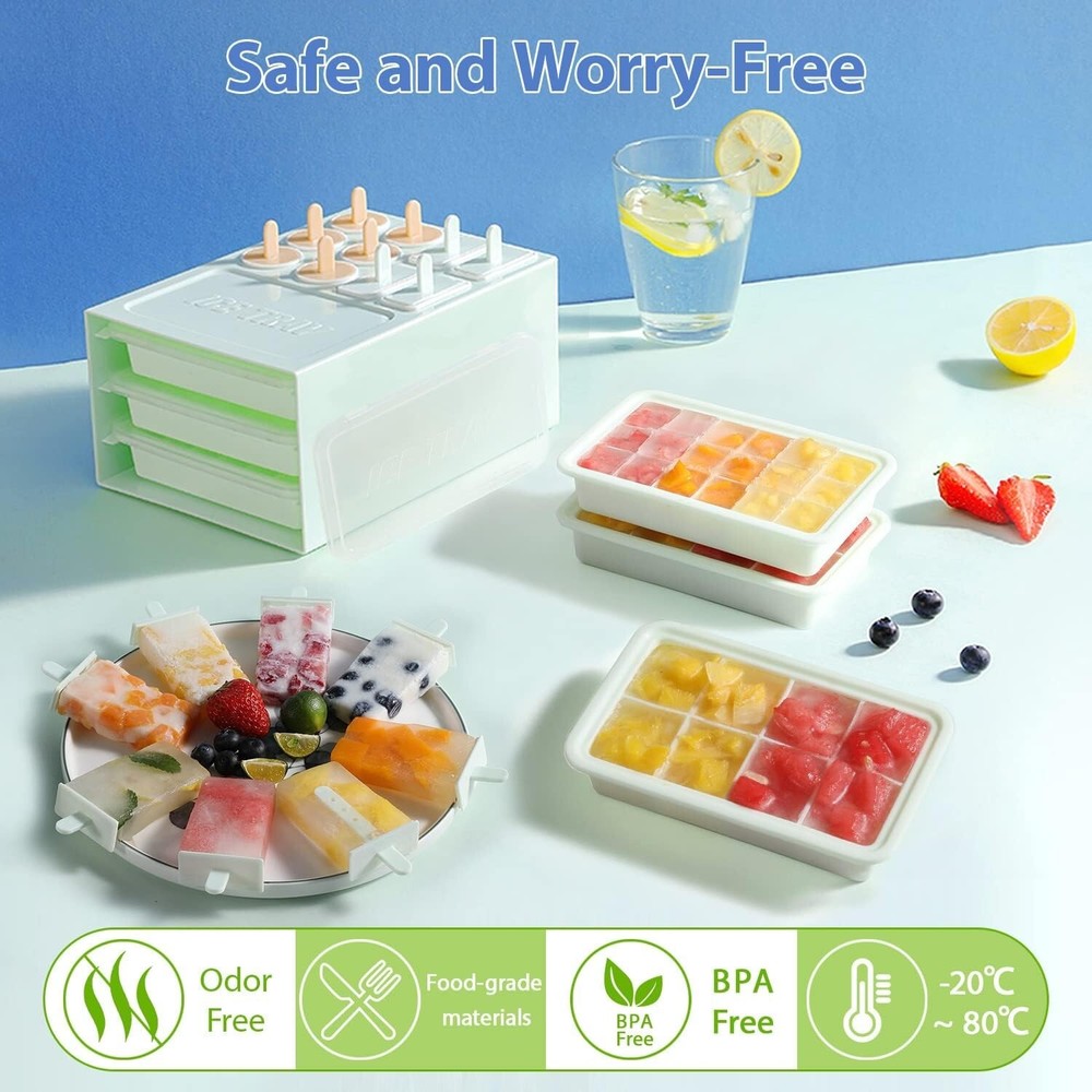 Cute Ice Cube Tray 3 Pack & Small Popsicle Molds, Easy Release Silicone