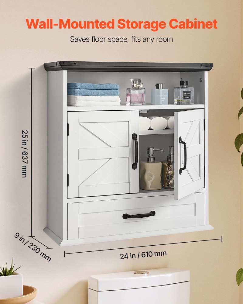 2-Door Wall Cabinet with Adjustable Shelf & Open Compartment, White