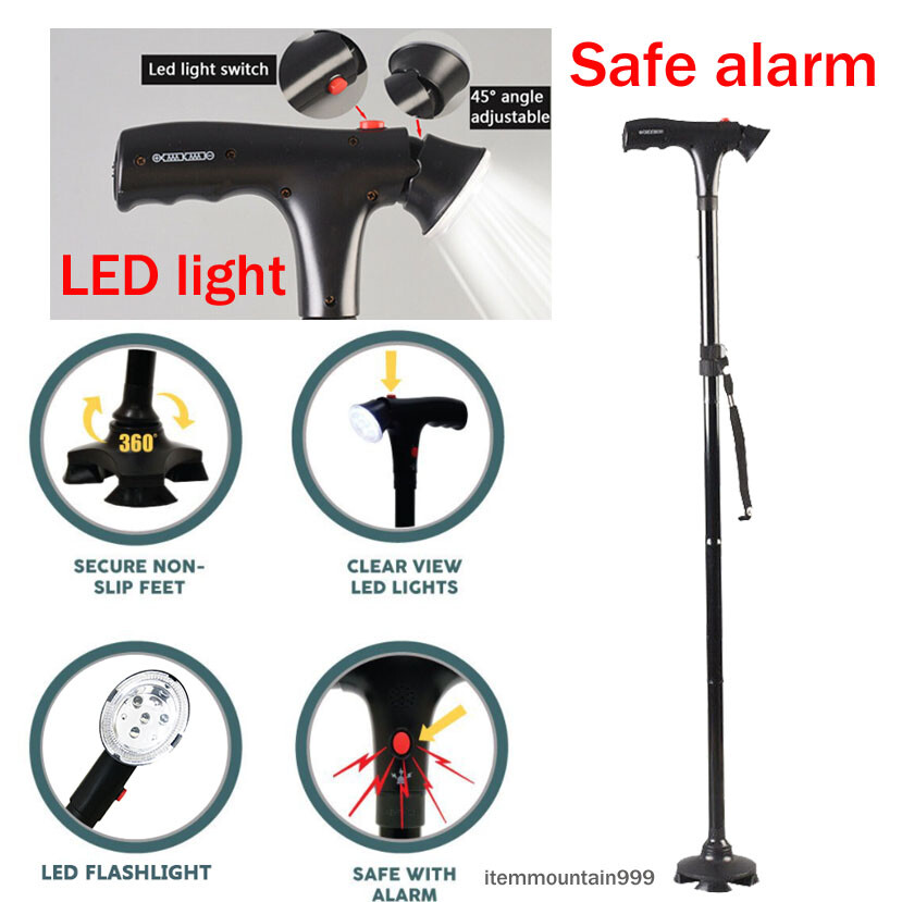 Folding Adjustable Walking Stick Cane with LED Torch & Alarm button Strap Handle