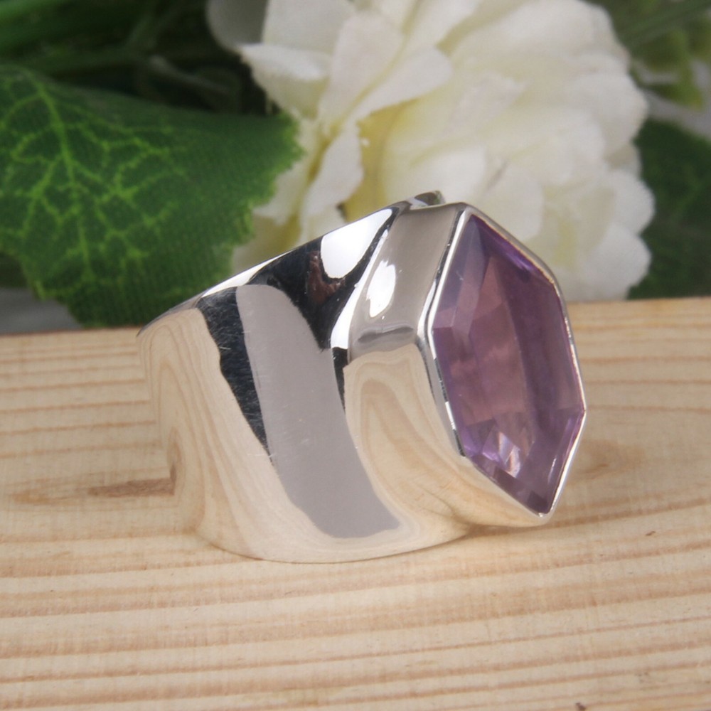 Genuine Amethyst Gemstone Ring 925 Sterling Silver Handmade Statement Rings