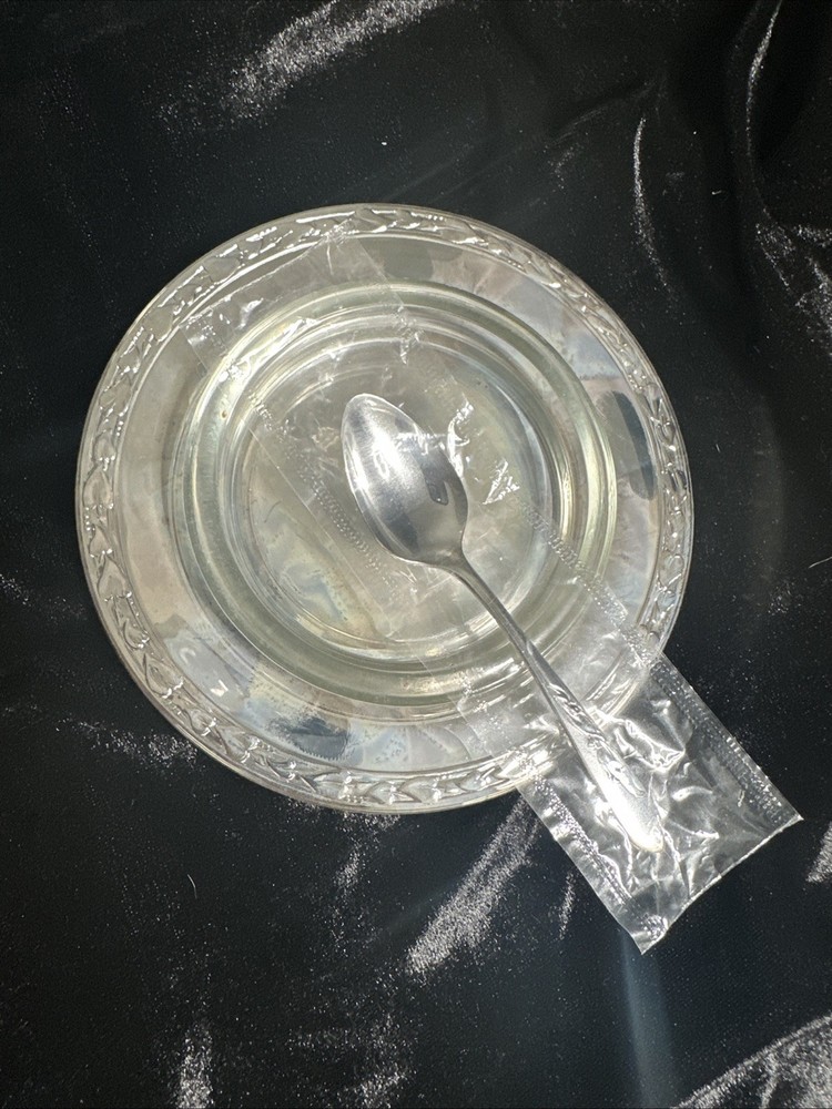 Vintage Carlton Oneida Condiment Set 3 Pc Silver Plate Tray Spoon Glass Dish New