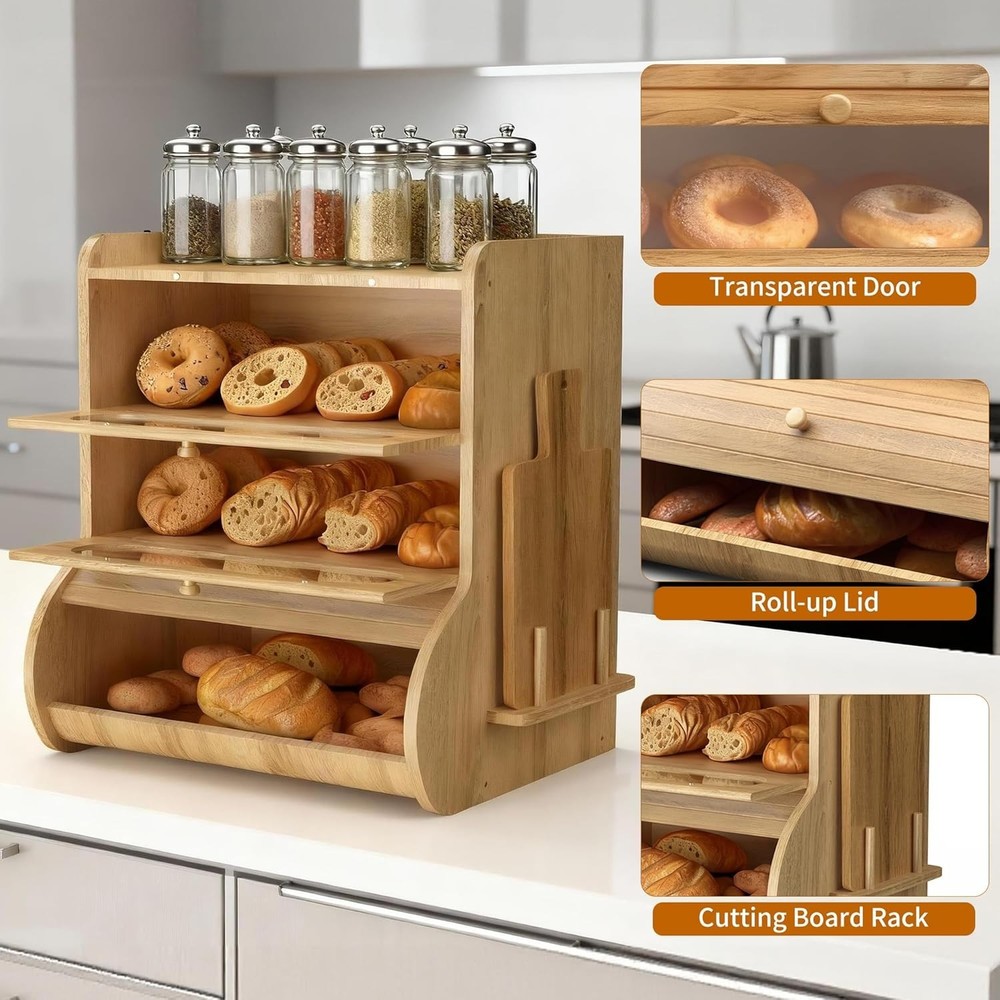Bread Box for Kitchen Countertop, 3 Tier Large Capacity Breadbox, with Window, C