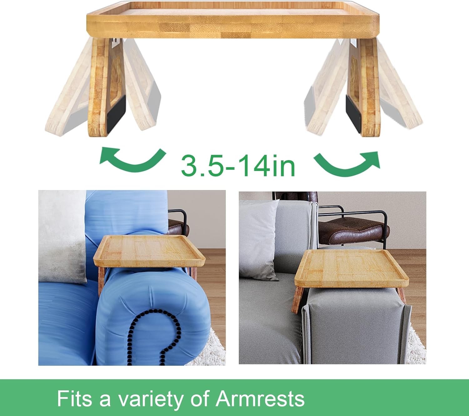 Bamboo Couch Arm Tray – Folding Sofa Armrest Clip On Table for Drinks Snacks Rem