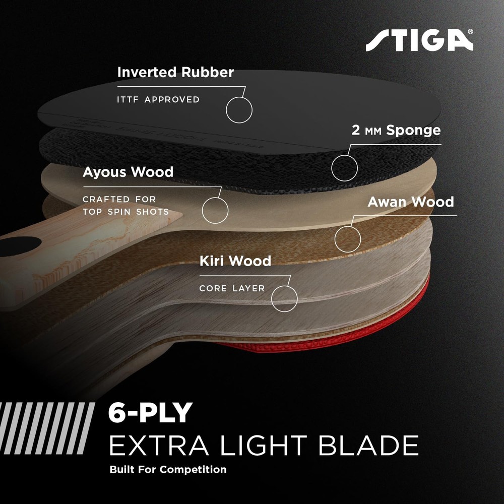 STIGA Evolution Performance Ping Pong Paddle - 6-ply Light Blade - 2mm