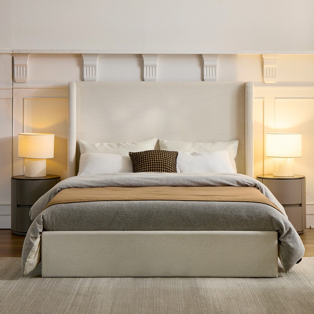 Carmen Upholstered Wingback Bed / Upholstered Platform Bed Frame / 52" High He