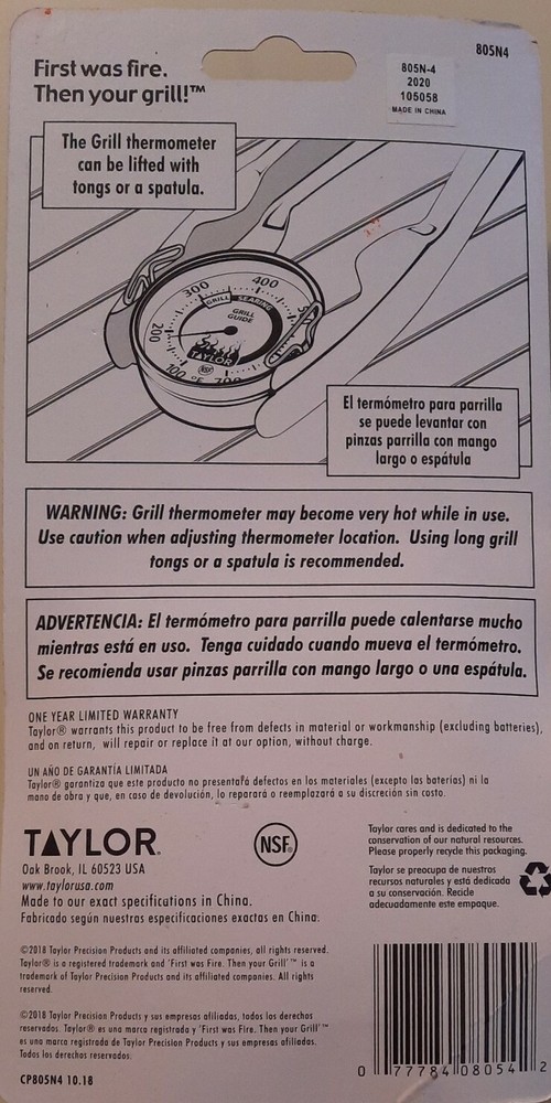 Taylor 805N4, Grill Thermometer, 2" Dial