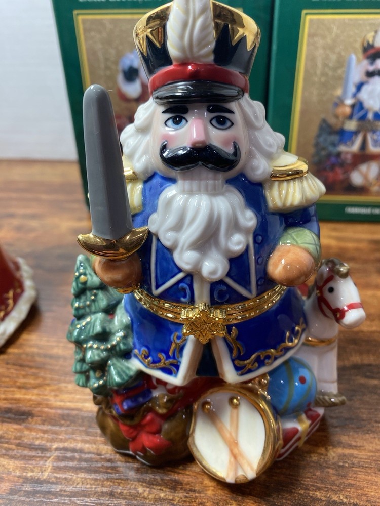 2 Traditions Porcelain Decorative Keepsake Box Hand Painted Santa & Nutcracker