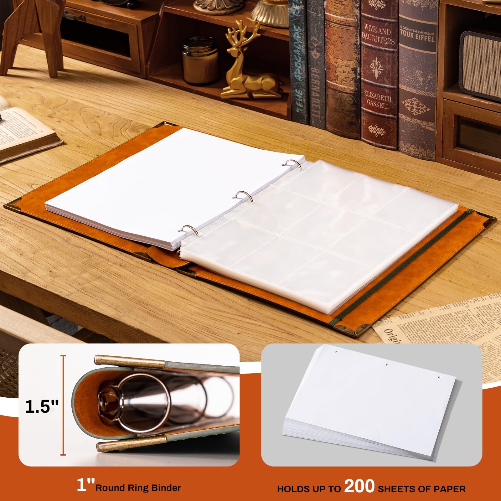 Leather 3 Ring Binder Fits 8.5"x11" Letter Size Paper, 1 Inch Round Ring Bind...