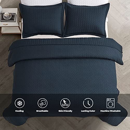 Quilt Set Queen Size, Lightweight Navy Bedspread Ultrasonic Chevron Pattern