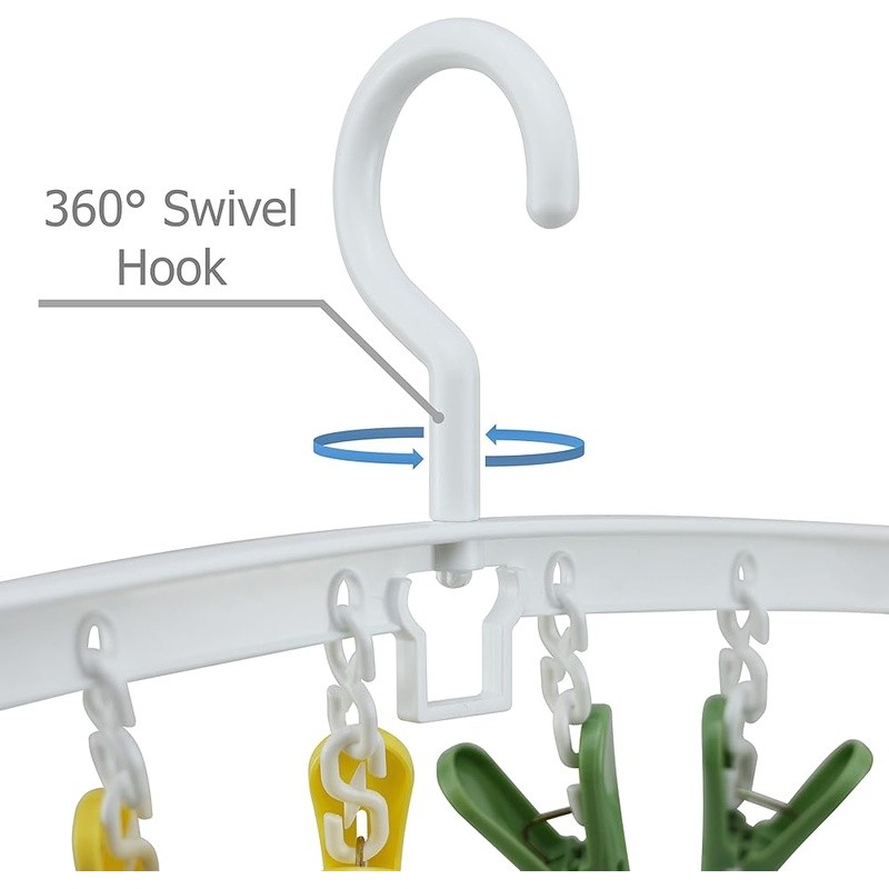 Portable Clothes Drying Rack 360° Swivel Hook Rust Resistant Space Saving Clips