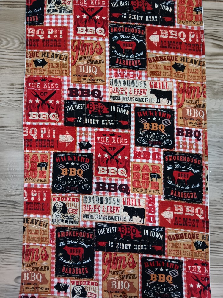 Handmade Reversible Table Runner BBQ Print and Solid Creamy White Choose Size