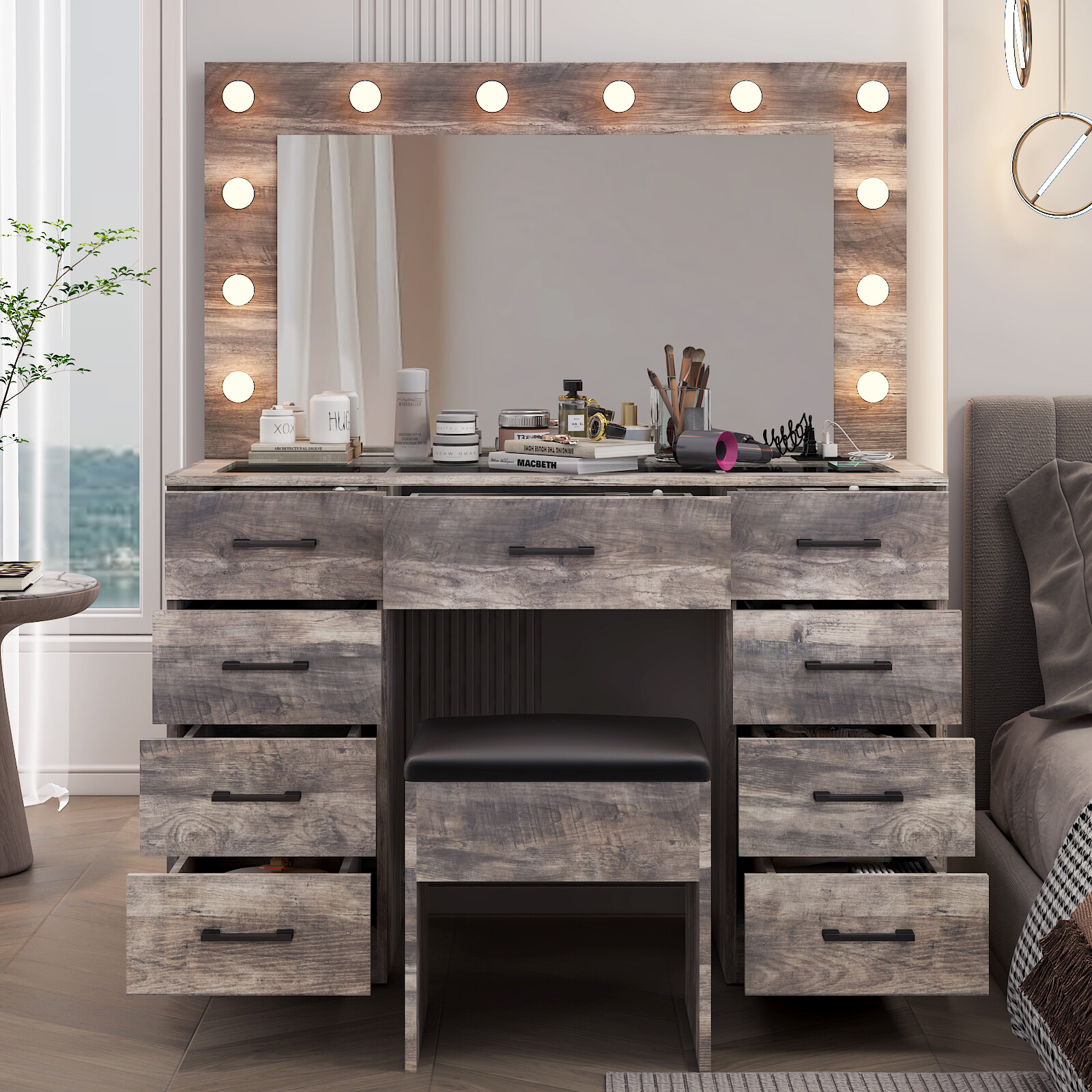 Vanity Set Desk 9 Drawers Large Mirror with Power Outlet LED Lights Makeup Table