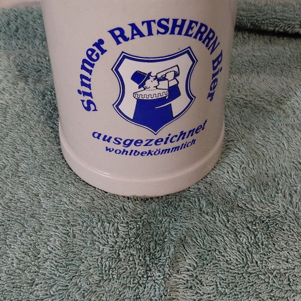 White Ceramic Beer Stein with Blue Crest