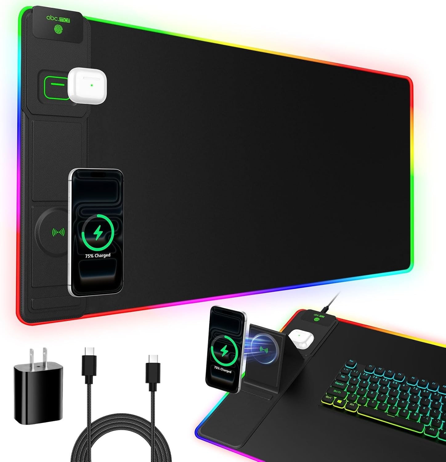 New - ABCMat XXL RGB LED Gaming Mouse Pad with Magnetic Wireless Charger
