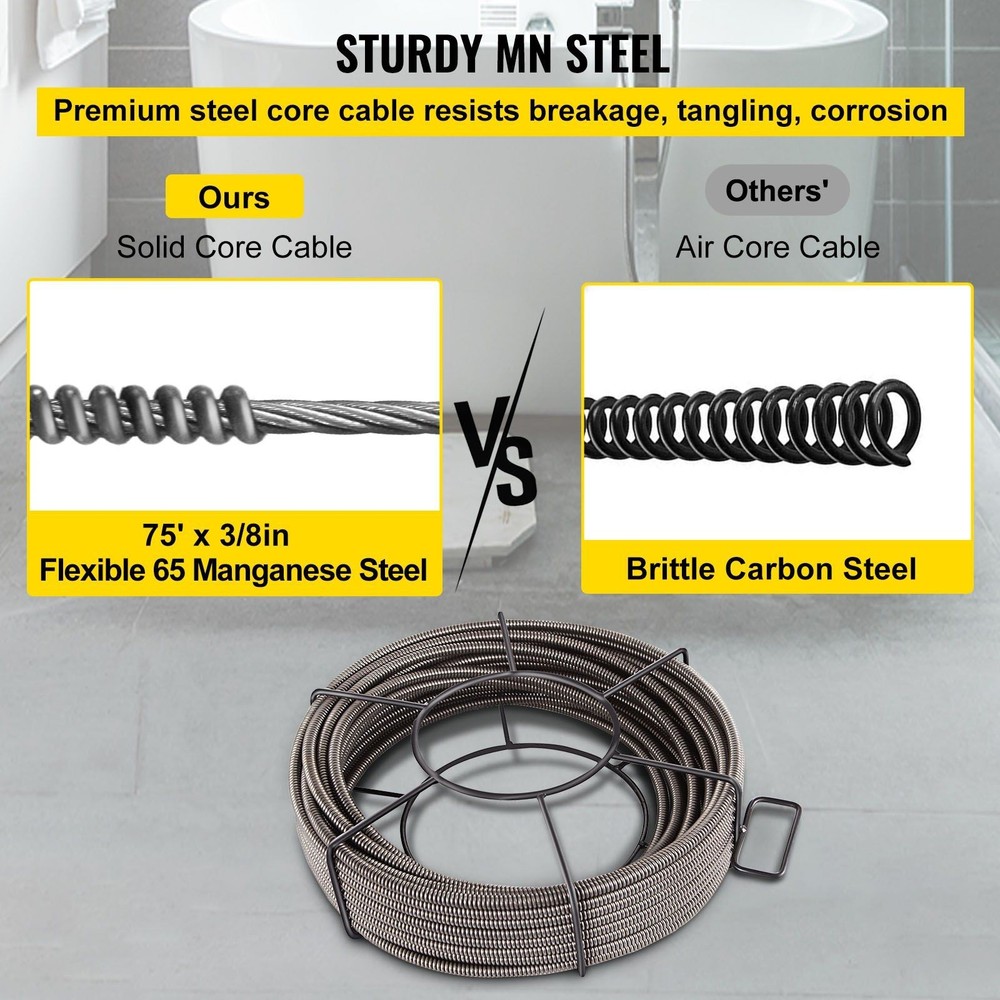75ftx3/8in Solid Core Drain Cleaning Cable for Sewer Clog Removal Tool