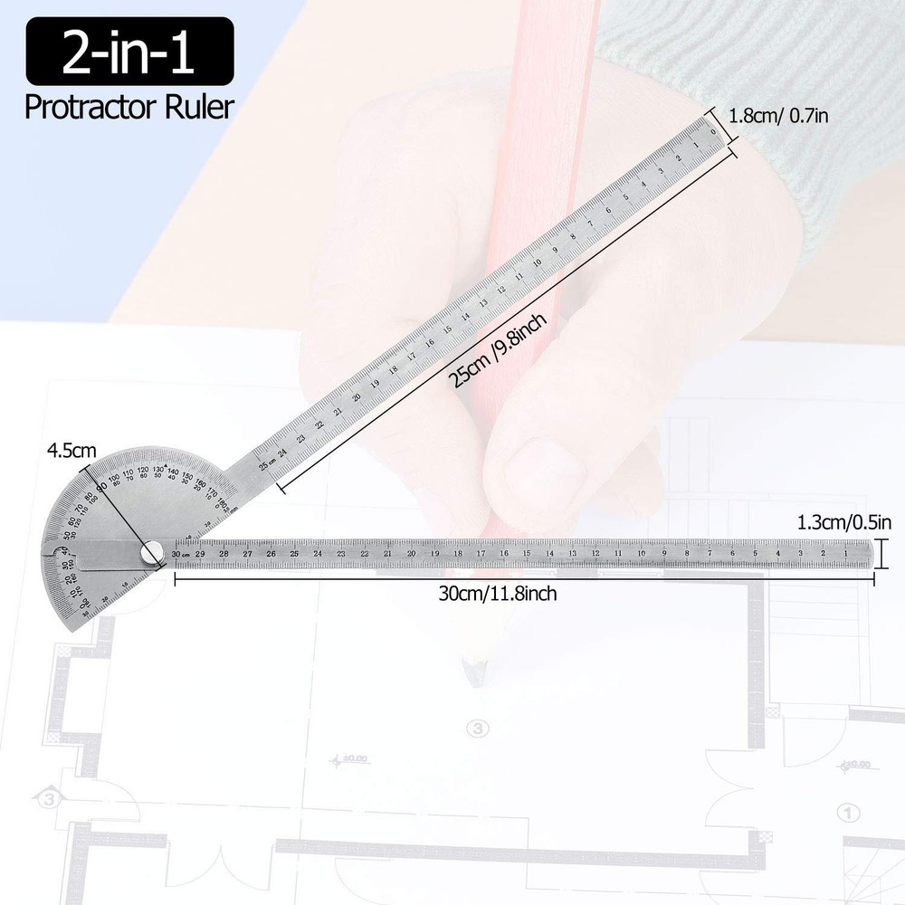 Multi-Functional Angle Protractor - 30cm/11.8'' Stainless Steel Measuring Ruler