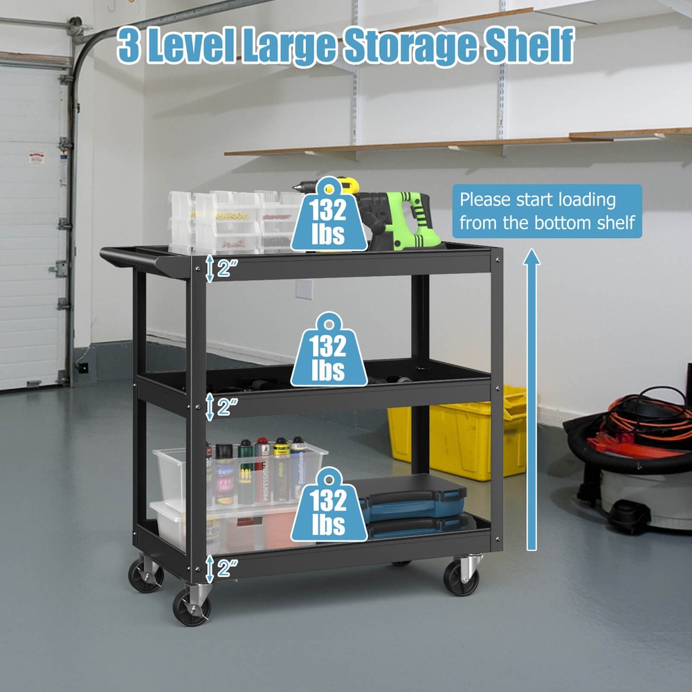 3-Layer Rolling Service Utility Cart with Flat Handle 2 Lockable Universal Wheel