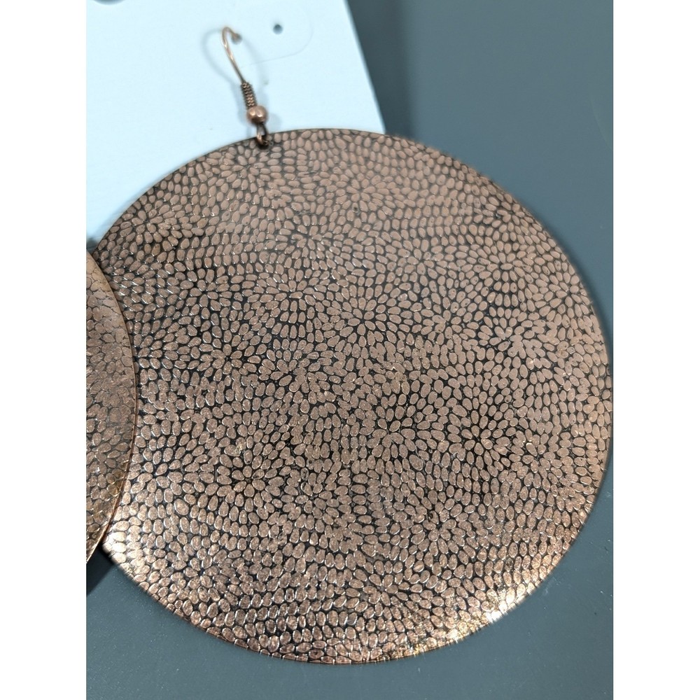 Copper Tone Large Pebble Textured Round Disc Dangle Earrings Pierced Statement