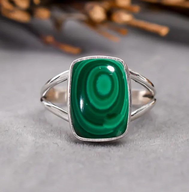 Solid 925 Sterling Silver Natural Green Malachite Rectangle Gemstone Boho Ring