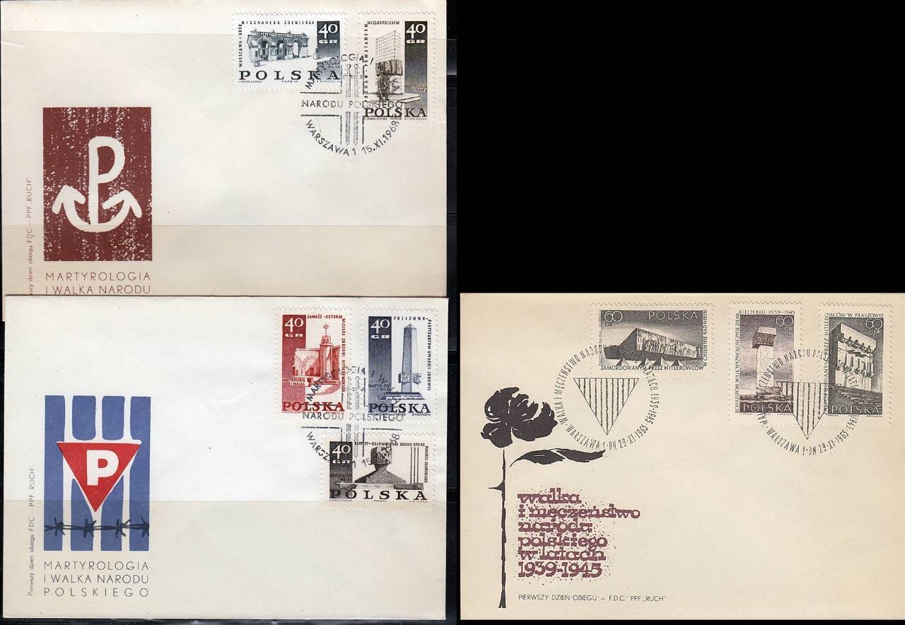 POLAND = WWII MEMORIAL MONUMENTS x3 FDC MILITARY, JUDAICA 💲FREE SHIPPING💲