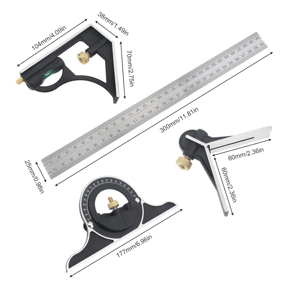 11.8 Inch Multi Function Ruler Set T Square Protractor Level for Woodworking DIY