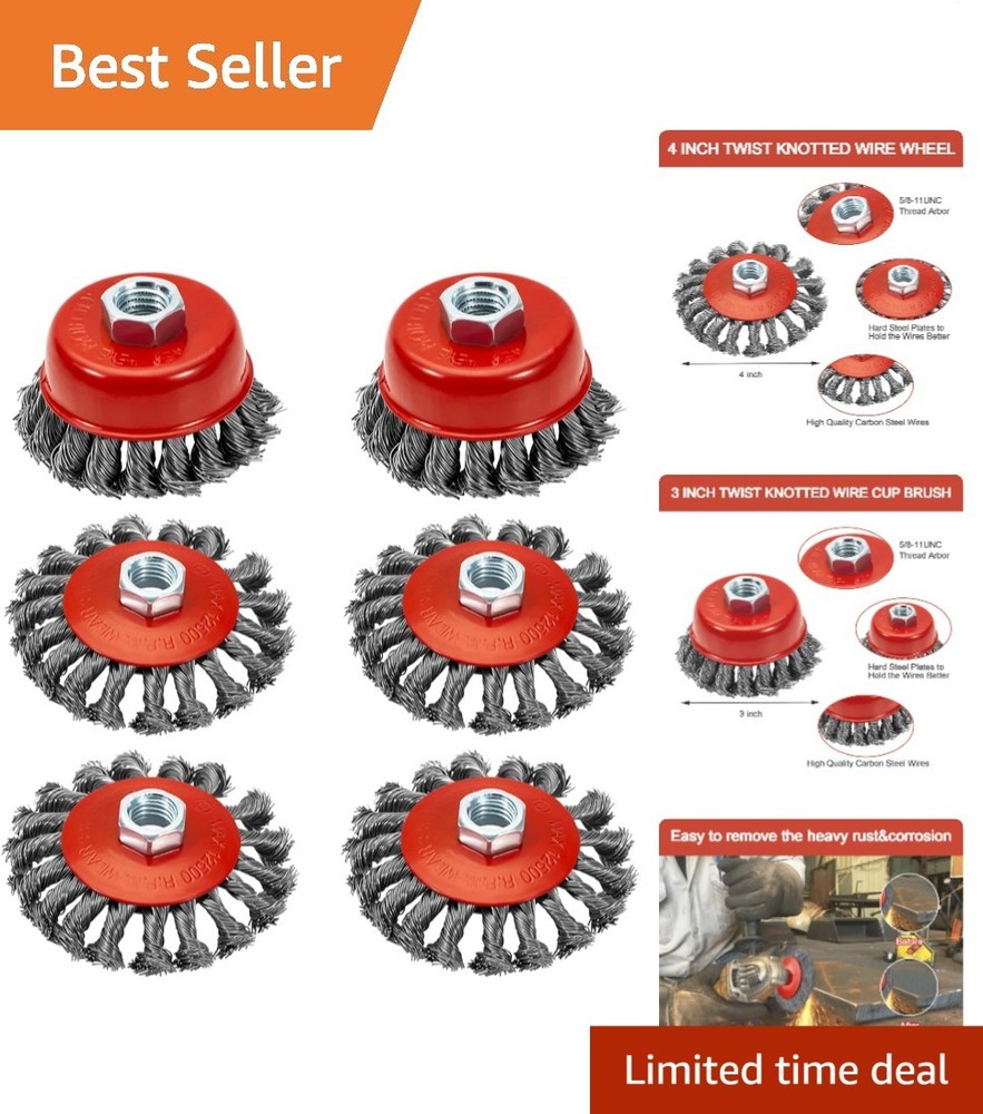 6 Pack Angle Grinder Wire Wheels - 4 Inch & 3 Inch Brushes for Heavy Duty Work