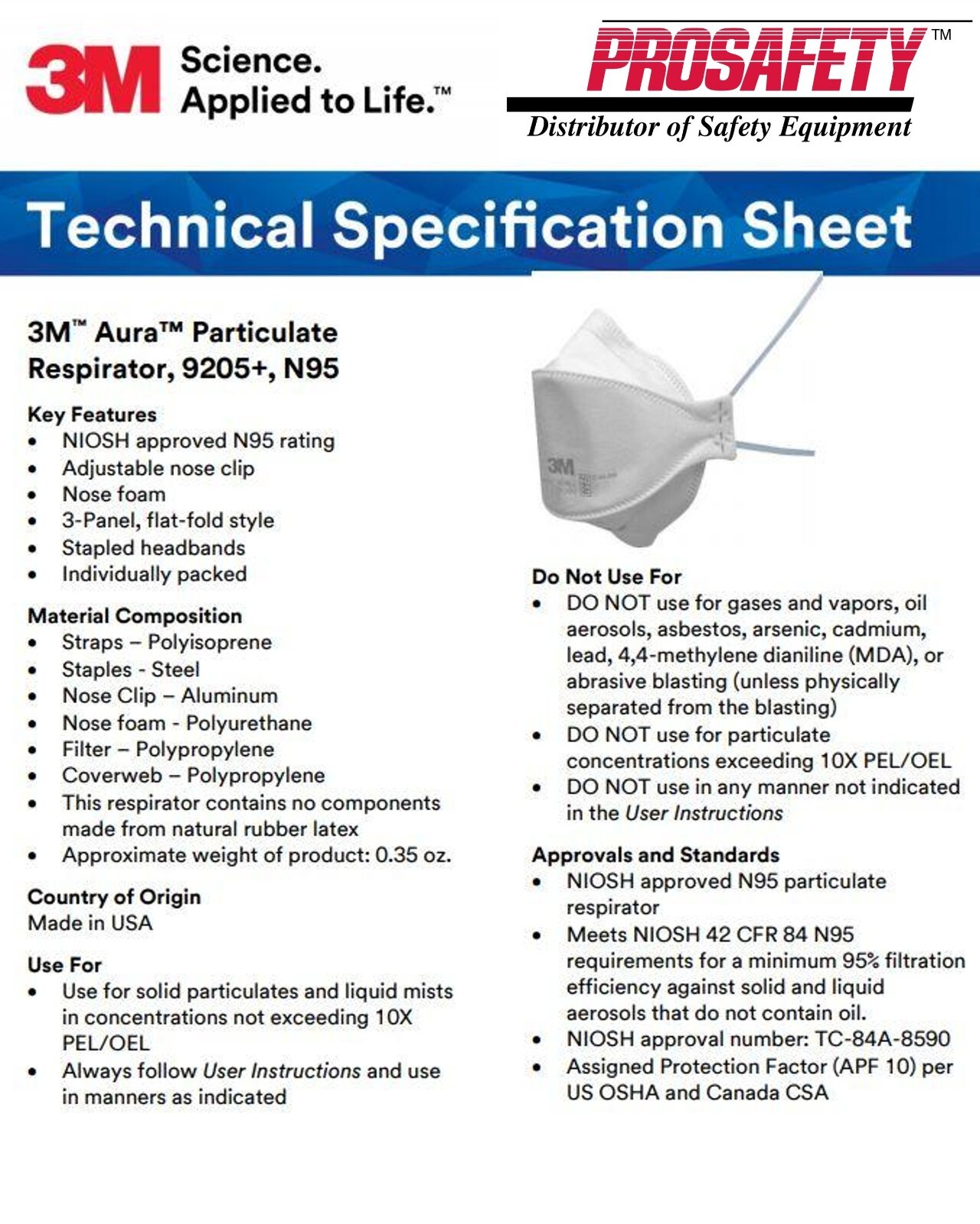 NEW! 3M 9205+ AURA N95 NIOSH Particulate Respiratory Protection MASKS USA MADE