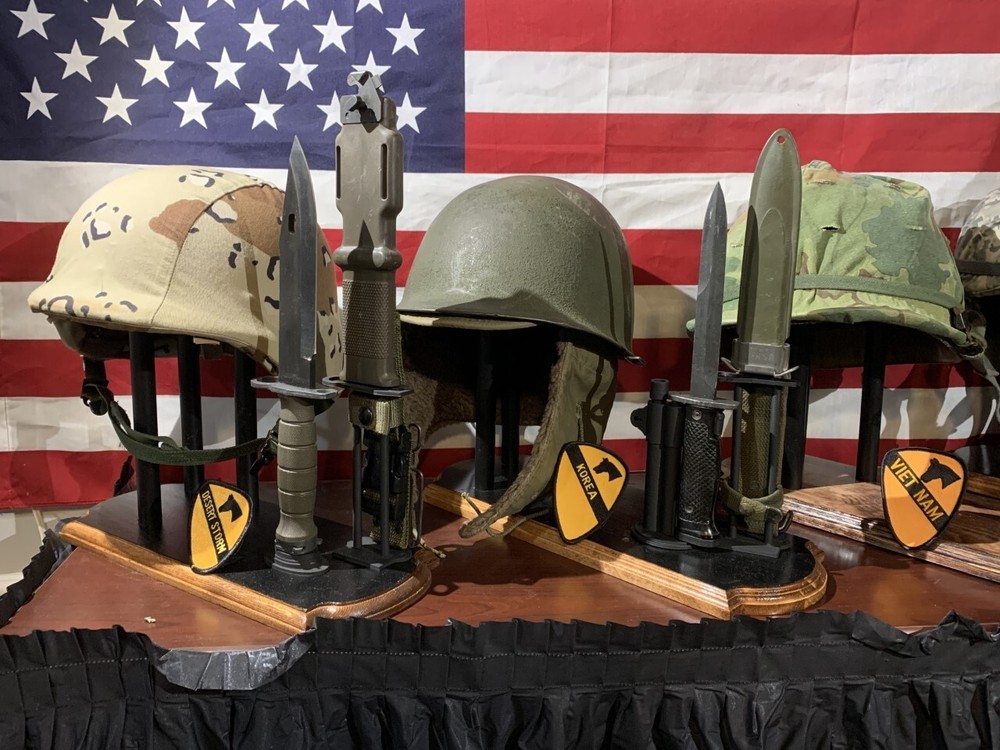 Combination Helmet/Bayonet Display Stand. Customized with Scabbards/Nameplates