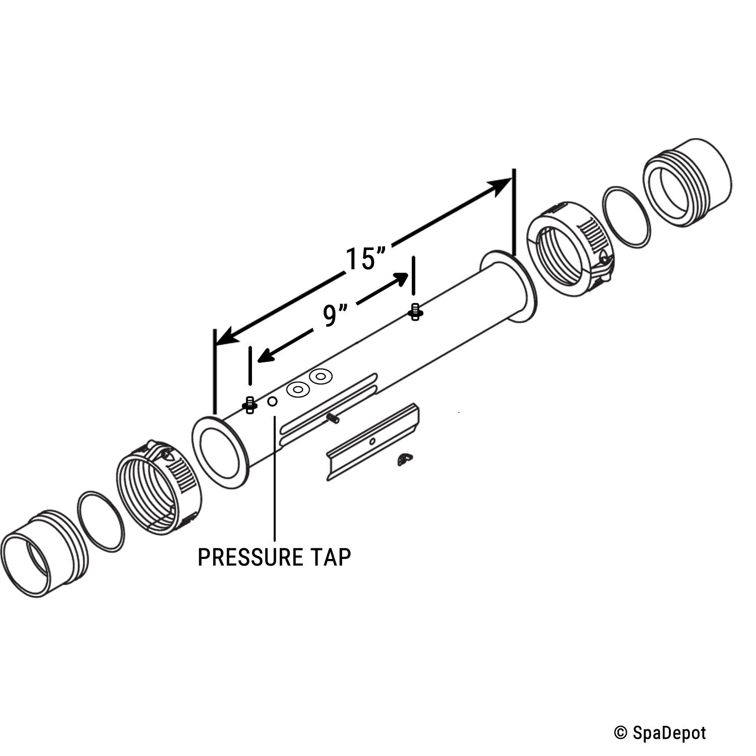 Flow-Thru Spa Heater Manifold for Hot Tub - 2" x 15" - With Unions & Tailpieces