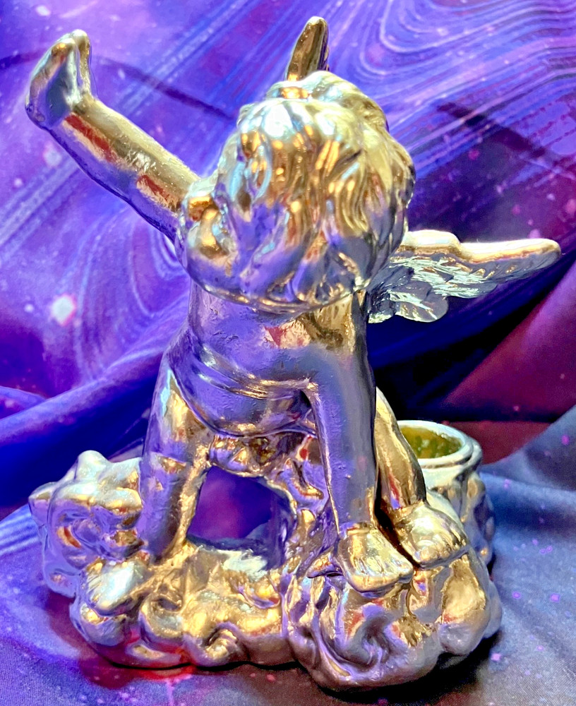 Two Silver Colored Ceramic Baby Cherub Candlestick Holders