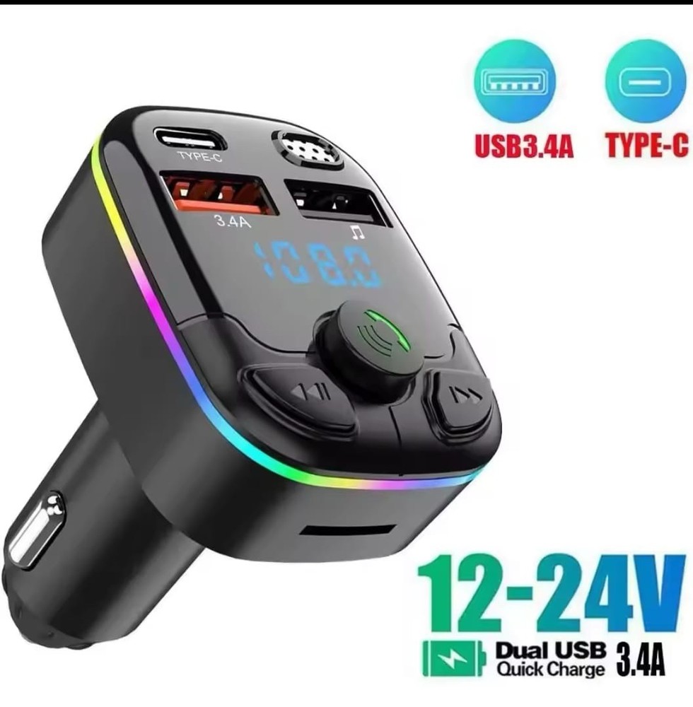 Car Charger FM Transmitter Bluetooth 5.0 PD Type-C Dual USB Ambient Player Hands