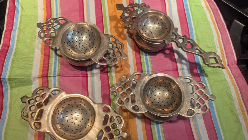4 Sets Vintage Silverplate Tea Bag Strainers Drip Dish