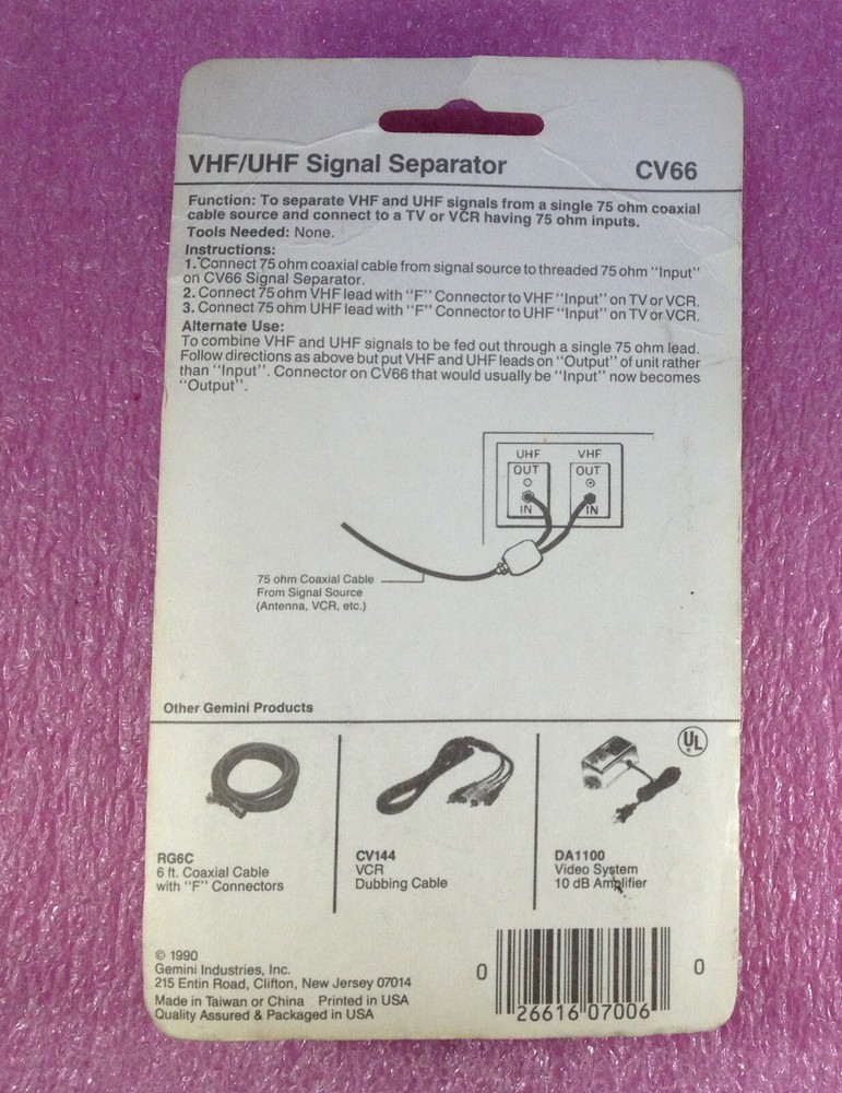 GEMINI CV66 VHF/UHF SIGNAL SEPARATOR 75 OHM INPUT 2 X 75 OHM OUTPUTS - SEALED