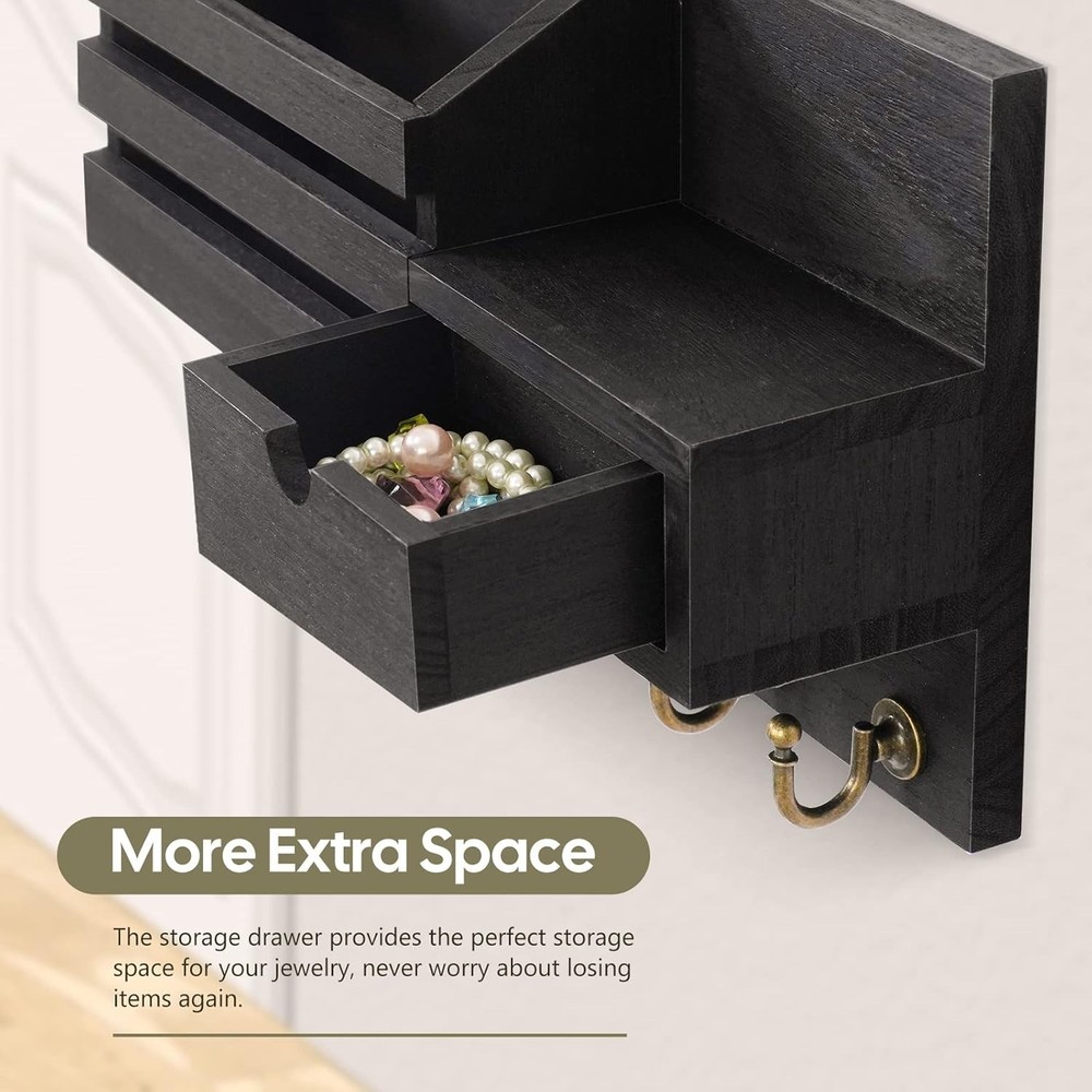 Wall Key and Mail Holder with 6 Hooks Rustic Wood Entryway Organizer