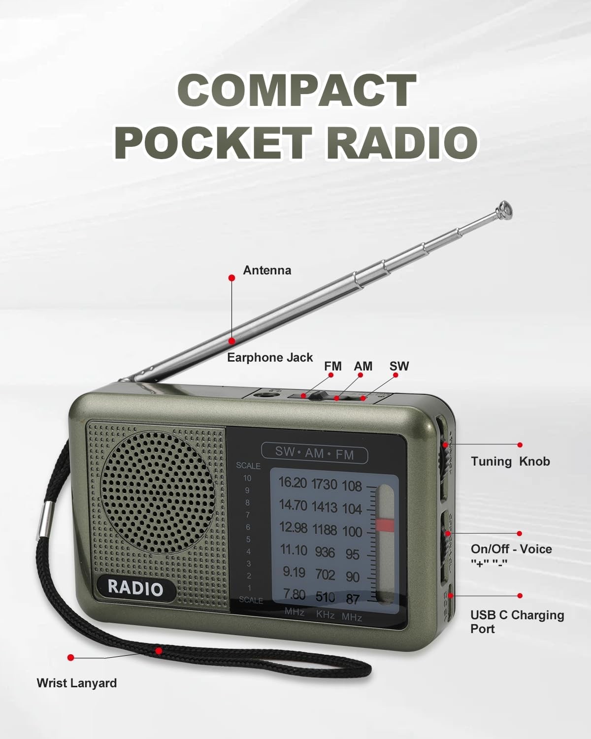 3 Band Mini Pocket Radio with Rechargeable Battery, Portable FM AM Shortwave R..
