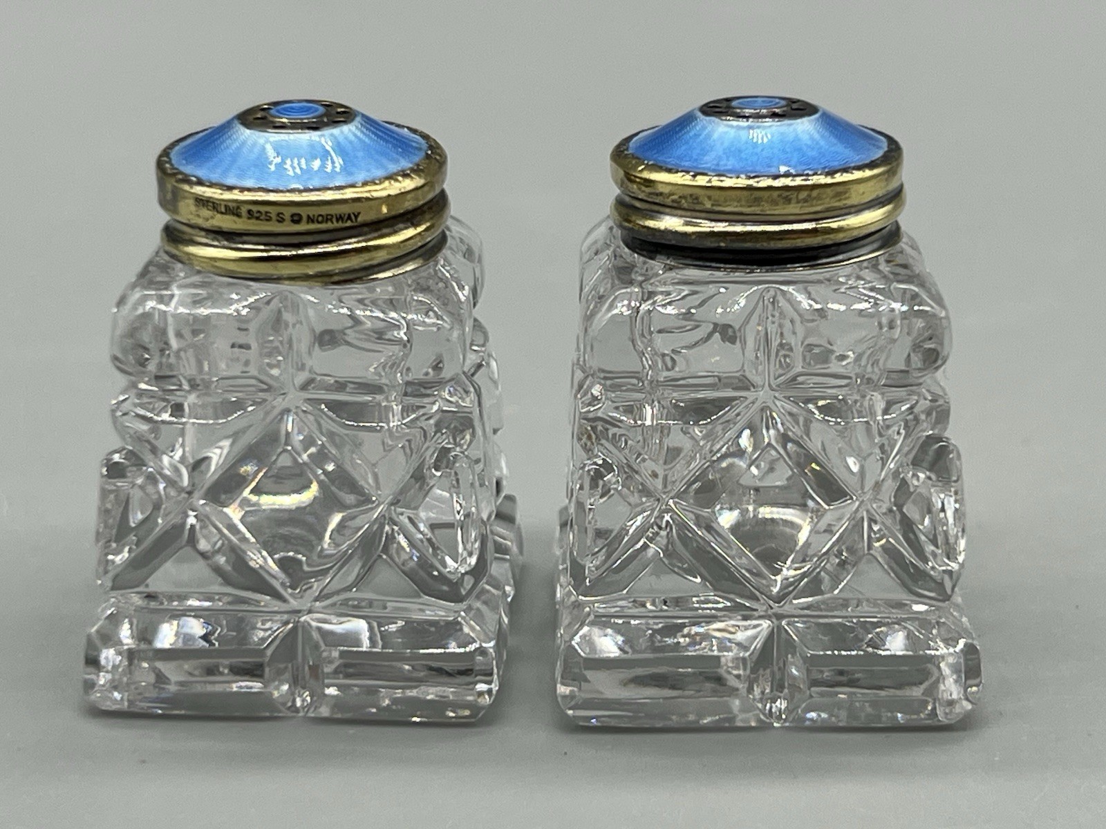 2 VTG Norway Sterling Silver Blue Guilloche Lids & Glass Salt Pepper Shakers