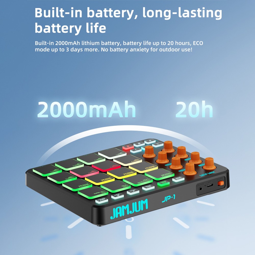 JAMJUM MIDI Portable Beat Maker MIDI Controller 16 RGB Pads 8 Knobs Long Battery