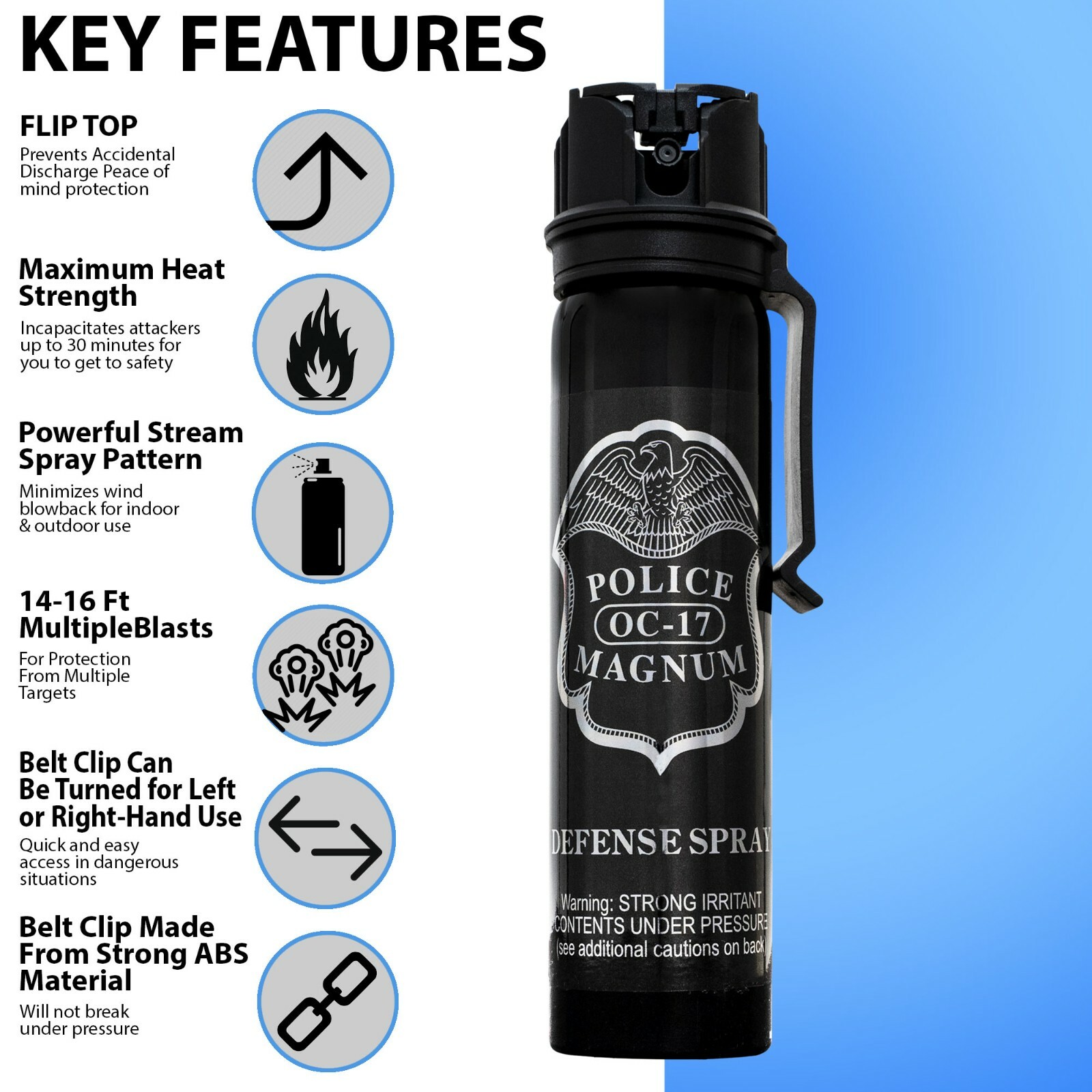 POLICE MAGNUM Pepper Spray Self Defense 5oz Flip Top Belt Clip Stream Security