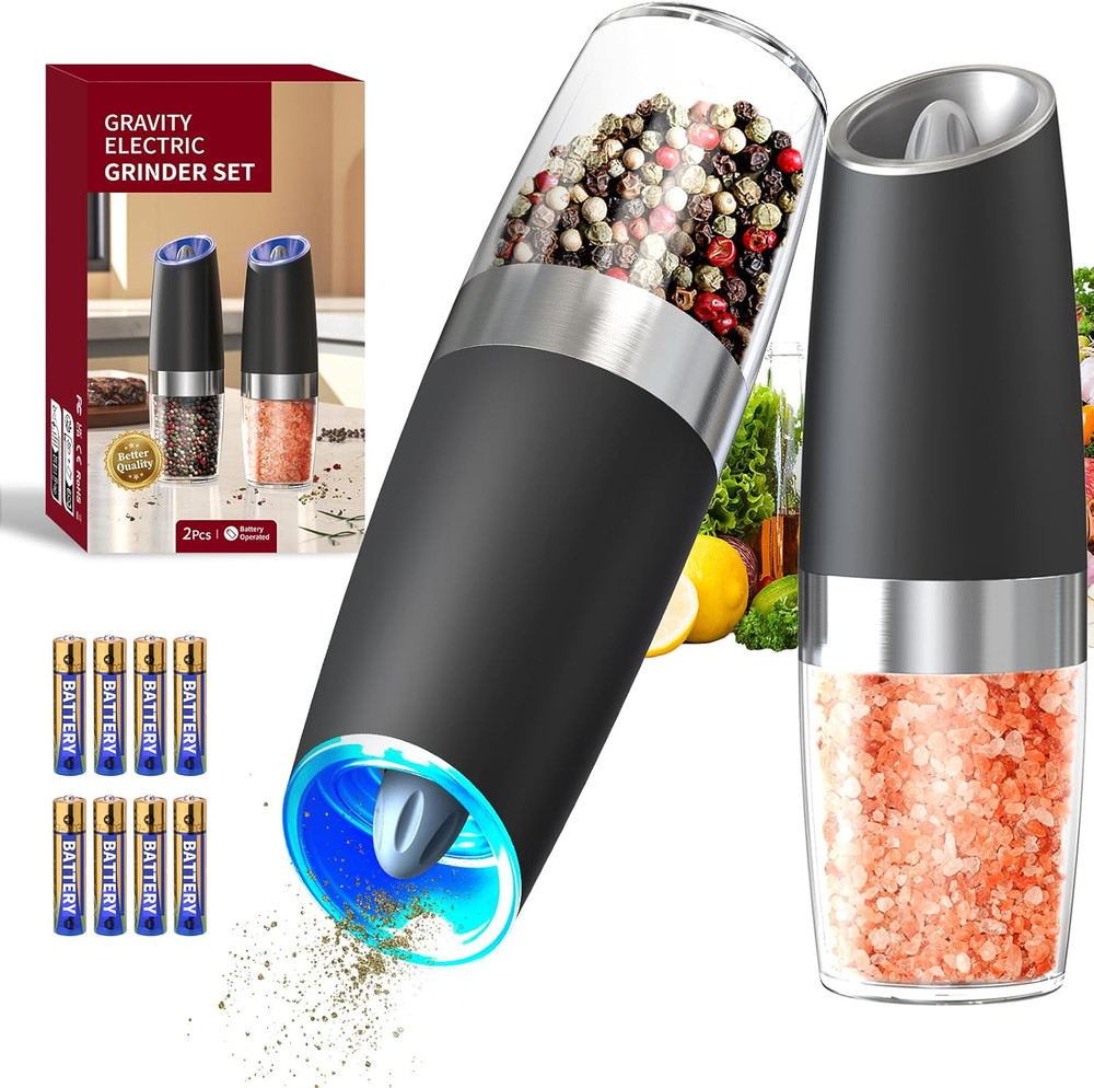 Automatic Electric Salt and Pepper Grinder Set with LED Light, Black