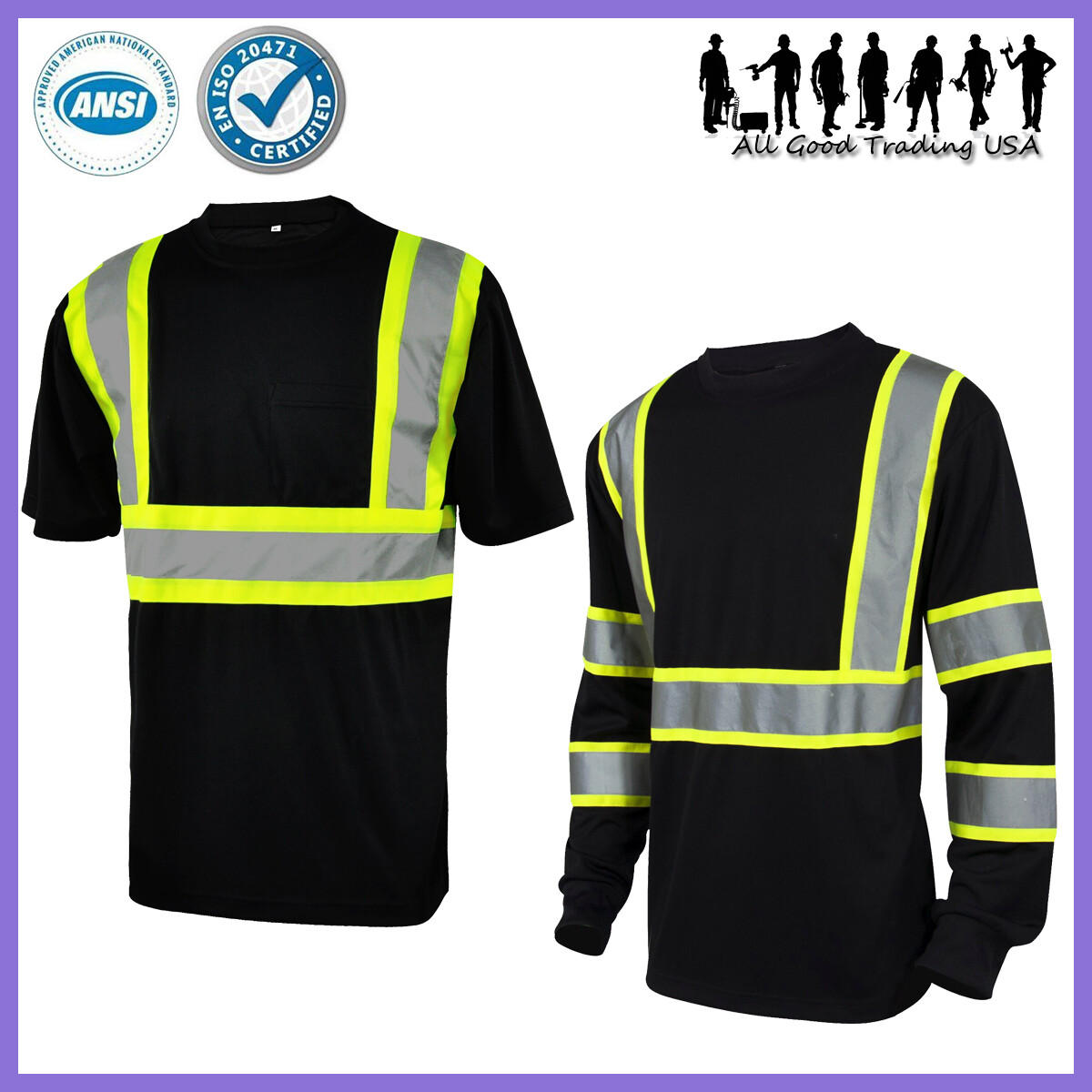 Hi Vis Class 3 Work T Shirt Reflective Safety Tee Short/Long Sleeve - Black