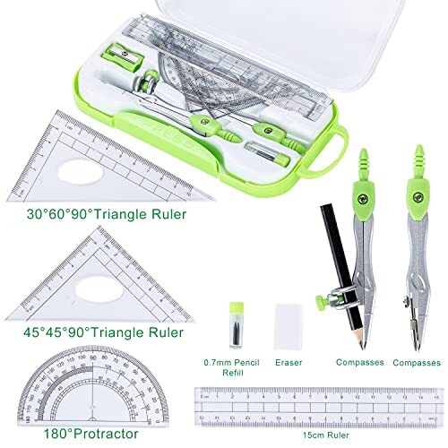 Geometry Kit 10 Pcs Math Compass Rulers and Protractor for Drawing Measurement