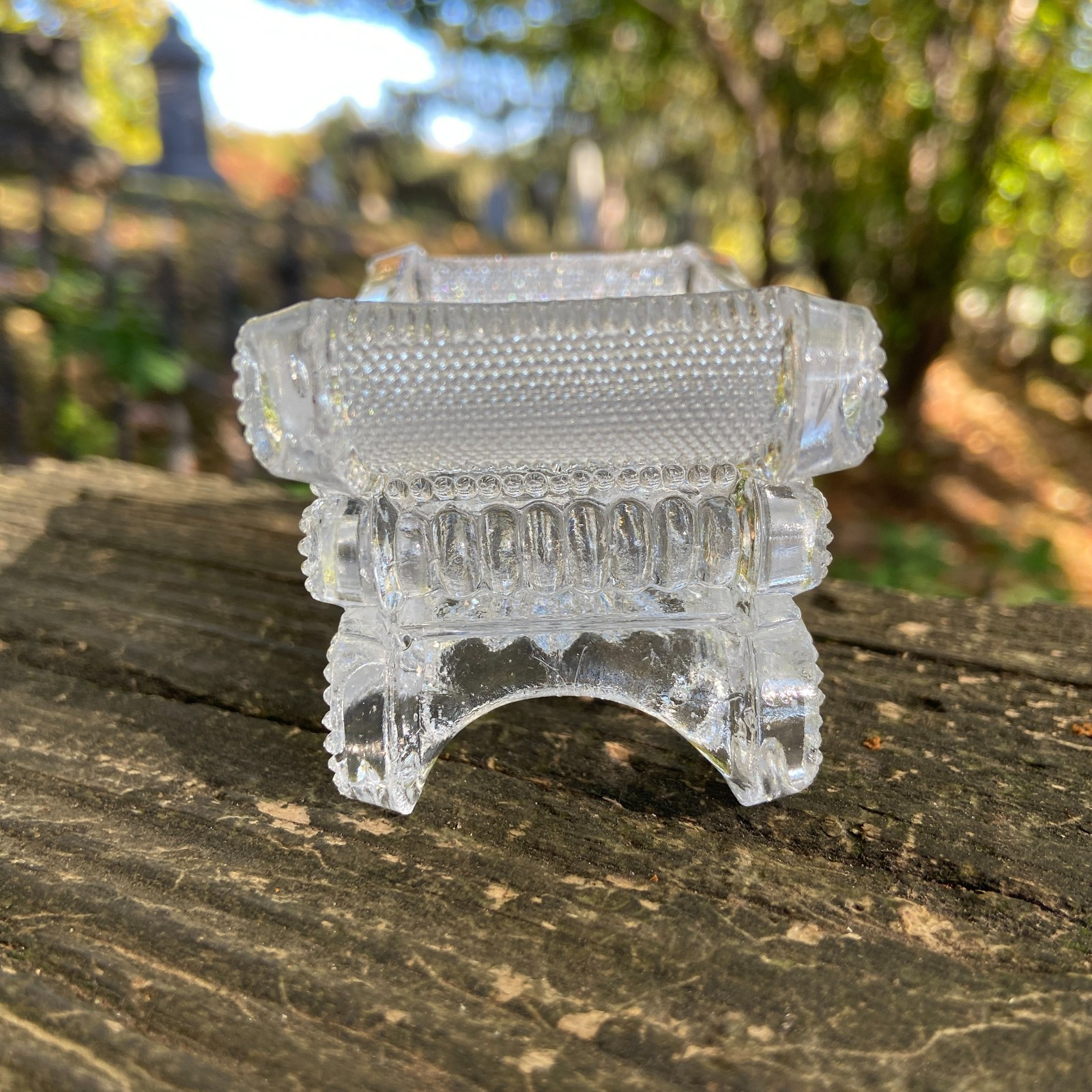 Antique 1830s Lacy Flint Glass Beaded Scroll + Basket of Flowers Open Salt BS-3A