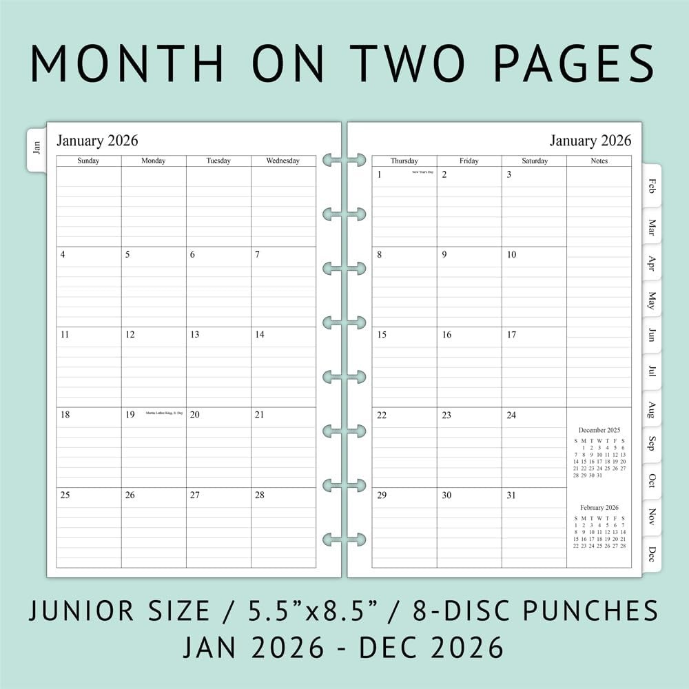 2026 Monthly Planner Refill for 8-Discbound Notebook, Two Pages Per Mont...