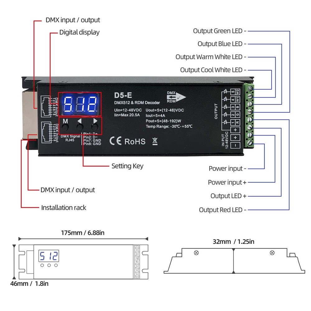 5 Channel DMX512 Decoder RDM RGBCCT LED Controller PWM Dimmer 12V48VDC