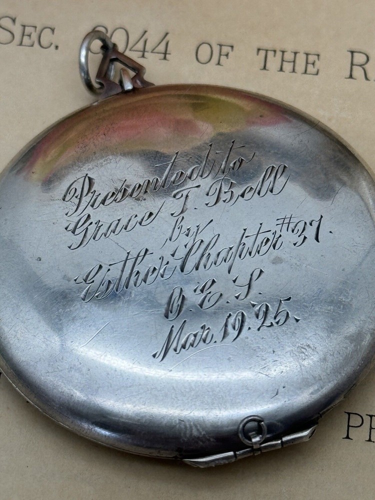 Antique Large Locket Sterling OES Round Engine Turned Shield Inscribed 1925