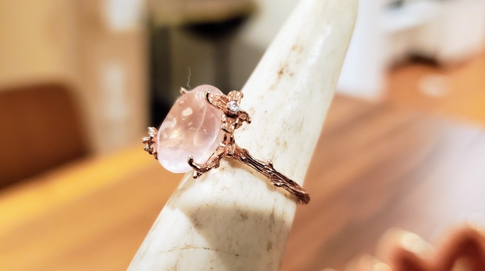 Unique Handcrafted Pink Moonstone Ring with Tiny Diamonds