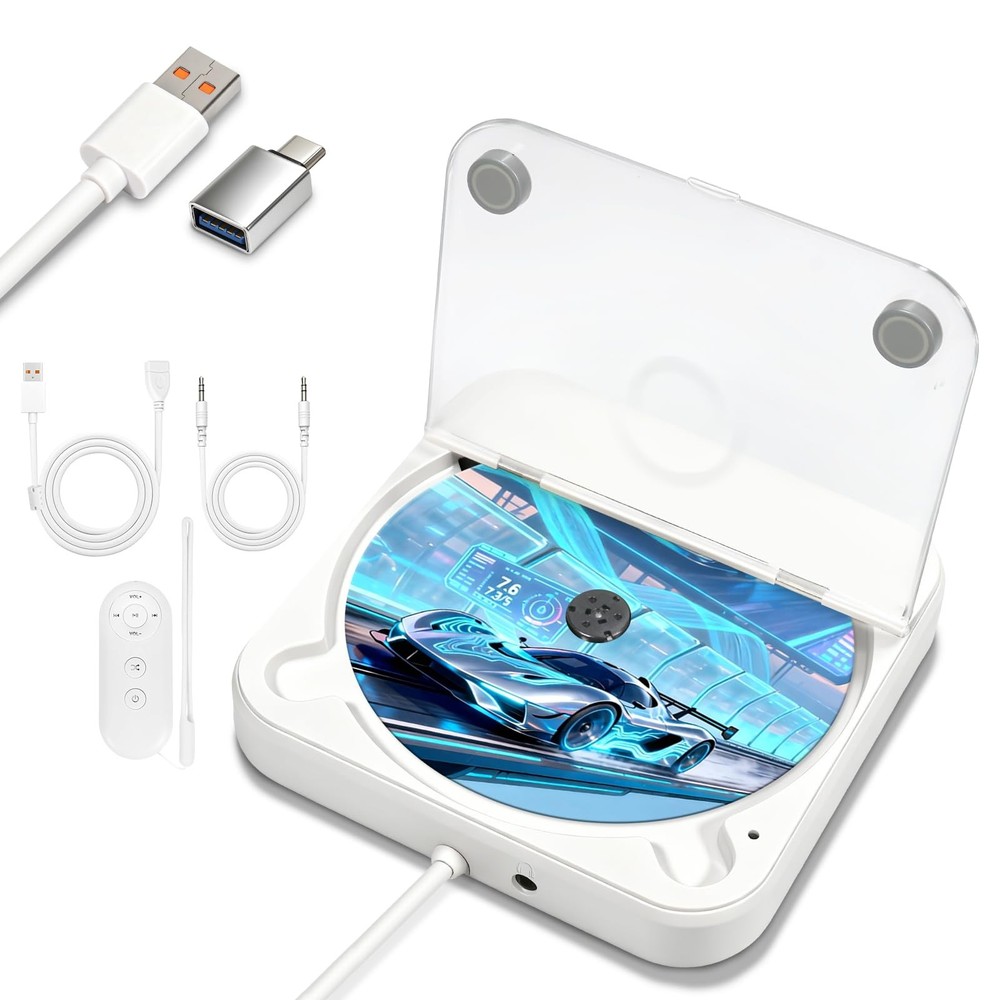 Portable CD Player for Car, External Car USB Plug and Play, white