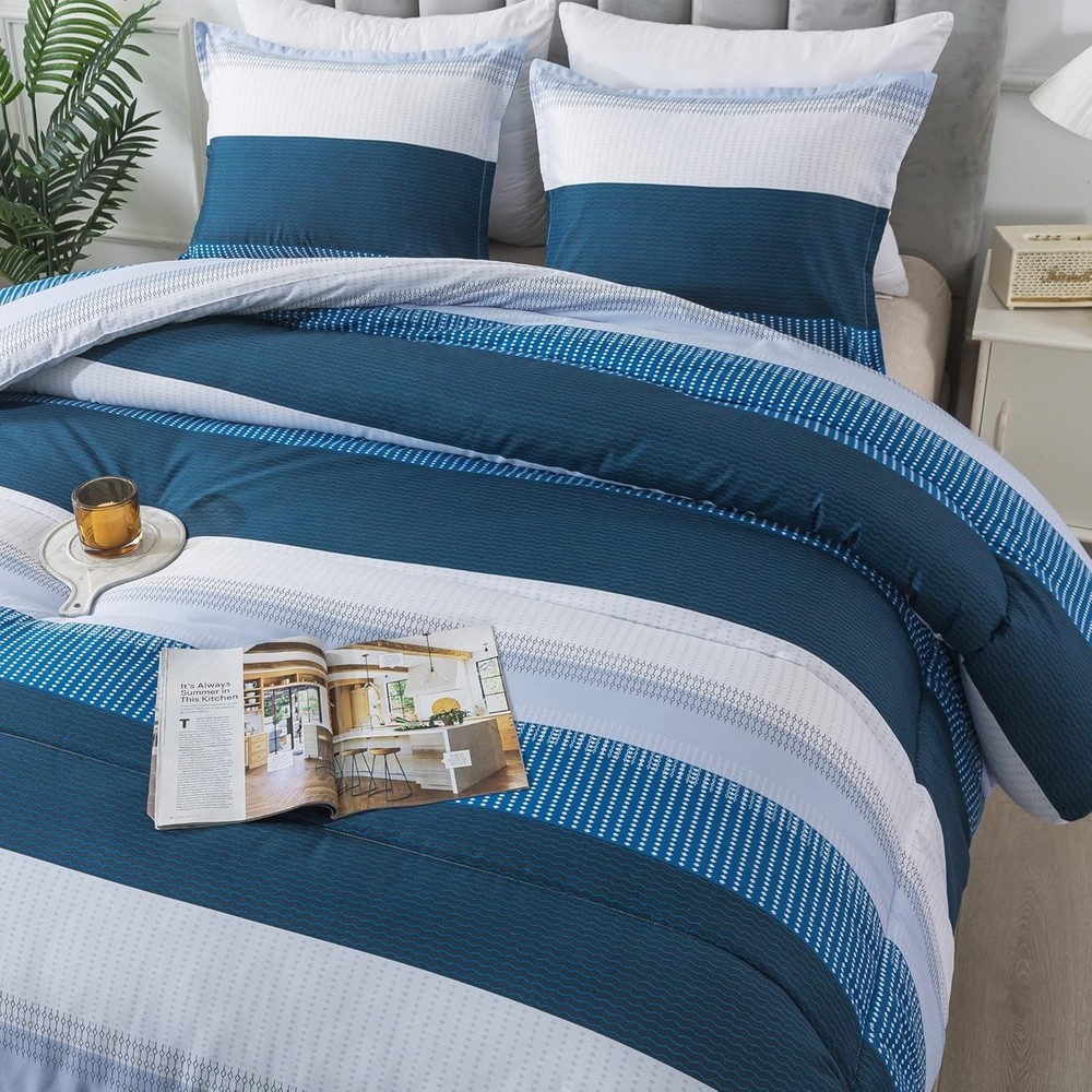 Full Size Comforter Set,3 Pieces Black White Gray Patchwork Striped